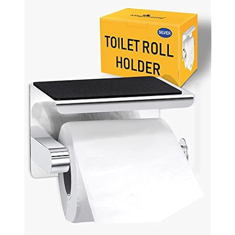 Magichome Toilet Roll Holder, Stainless Steel Wall Mounted Toilet Roll Holder with Shelf for Bathroom, Two Installations - Self-Adhesive or Wall-Mounted Toilet Paper Holder Cover