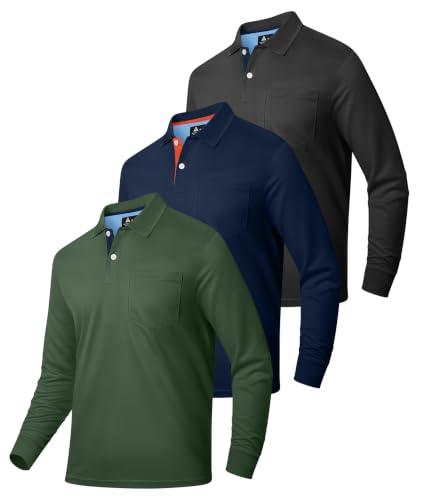 Image of ZITY 3 Pack Mens Long Sleeve Polo Shirts Causal Work Golf Tops with PocketDark Gray + Navy Blue + Army Green M