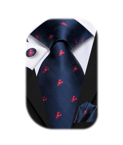 Image of Hi-Tie Navy Blue Ties for Men Silk Crabs Funby Animal Necktie Pocket Square Cuff-links Sets Wedding Business Holiday