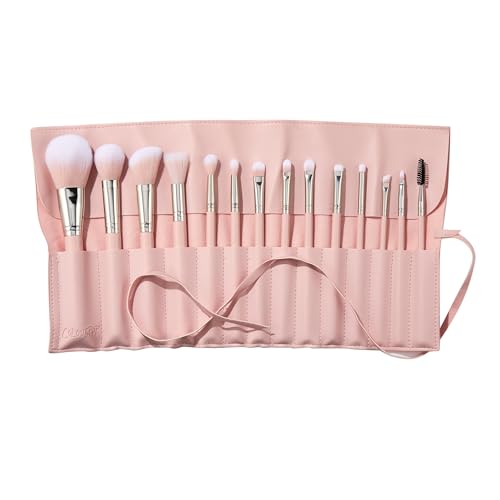 ColourPop Smoke 'N Roses Brush Roll Face & Eye Brush Set - Face & Eye Makeup Brush Set - Made with Luxe Synthetic Vegan Bristles - Includes Holder (14 Count)