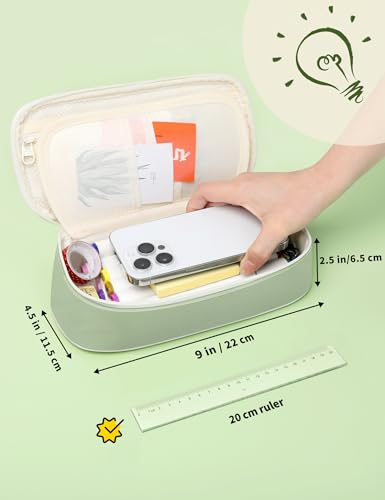 Image of SUNEE Cute Pencil Case, Aesthetic Pen Pouch, Colored Large Pencil Bag with Zipper, Kawaii Stationery Storage and Organizer, School Supplies for Teen and Adult Girls, Green