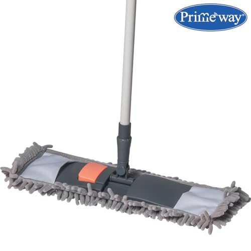 Image of Primeway Chenille Microfibre Flat Mop | All Floor Surfaces Cleaning | Wet & Dry | Rotating Mop Head 43x14cm | Long Extendable Telescopic Iron Handle | 72~120cm | Gray