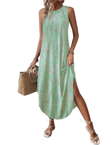 Image of Zeagoo Women Floral Summer Casual Beach Printed Tank Dress with Pockets Pleated Front Long Dress