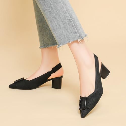 HROYL Women's Knitted Slingback Dress Pumps Pointed Toe Low Block Heel Work Office Wedding Dressy Shoes 7