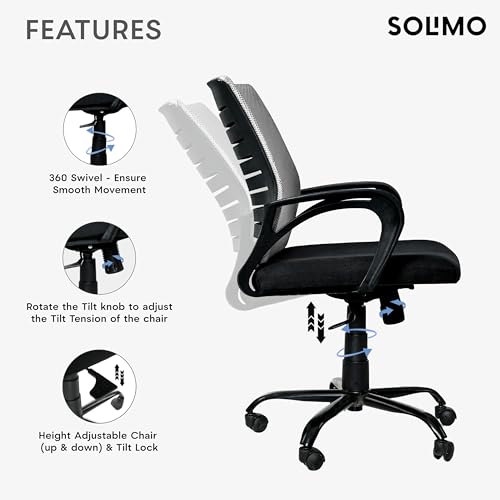 Image of Amazon Brand - Solimo Worklo Mid Back Office Chair for Work from Home | Study | Revolving | Computer (Heavy Duty Powder Coated Metal Base, Stylish Grey Mesh)