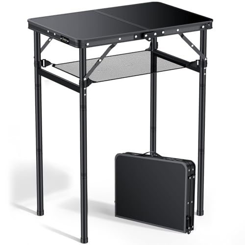 Anbte 2ft Folding Camping Table Max 29.5 3 Adjustable Height Aluminum Small Folding Table with Storage Net & Portable Handle Lightweight for Travel Outdoor Beach Picnic Camp 23.2 x 16 Black