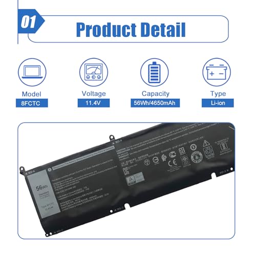 Image of 56Wh 8FCTC Laptop Battery Compatible with DELL XPS 15 9500 XPS 15 9500-R1505S -R1845S -R1845TS -R1945TS Series Notebook 3ICP7 /73 /64 DVG8M P8P1P 11.4V 4650mAh
