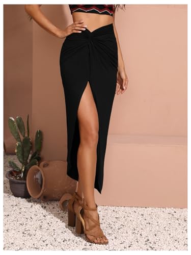 SOLY HUX Women's Twist Front Skirt High Waisted Split Asymmetrical Bodycon Going Out Long Skirts4