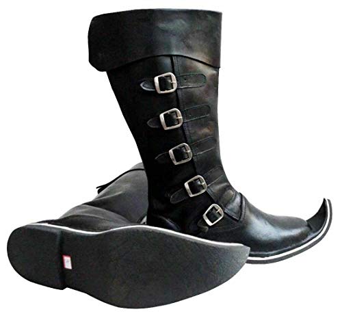 Image of AnNafi 5 Buckle Medieval Leather Boots | Renaissance Inspired Loafer Boot | Halloween Caribbean Pirate Costume Boots | Cowboy Boots (Large, Black