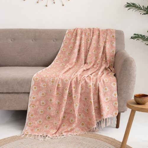 Image of Cotton Sofa Throw Floral Printed, Pink Couch Cover, 177.8 x 127 cm or 50x70 Inch (Sunflower Daisy Print)