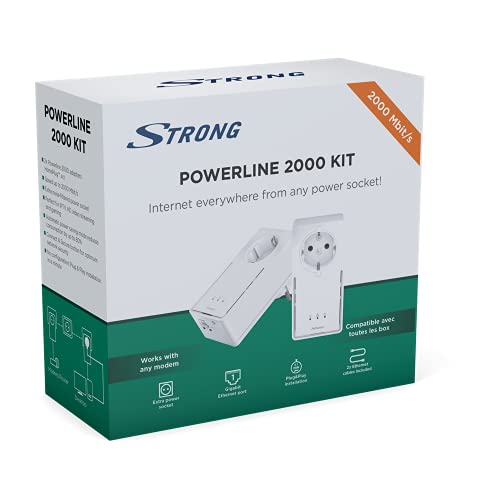 STRONG Powerline 2000 Kit Netzwerkadapter (bis 2000 Mbit DUO/S, integrierte Steckdose, Fast-Ethernet-LAN, Powerlan) Weiß, POWERL2000DUOEU