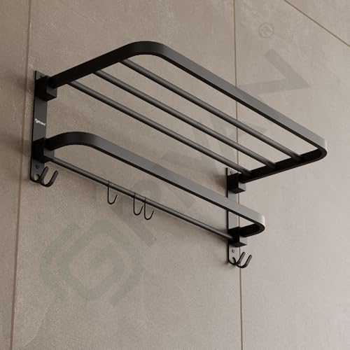 Image of GRIVAN Stainless Steel Towel Rack for Bathroom | Foldable 24 Inch Towel Holder in Bathroom with Hooks | Bathroom Towel Hanger for Wall | Towel Stand Rack for Clothes (Black Matte, Pack of 1)