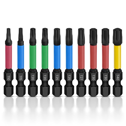 GALAMAX 10Pcs Screwdriver Bit Sets 50mm Torx Bit Set S2 Steel Heavy Duty Pozidriv Impact Driver Bit Set Long Security Star Screwdriver Set T10 T15 T20*2 T25*2 T27 T30*2 T40