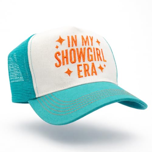Teal and White Trucker Hat with Shimmery Orange in My Showgirl Era Text Contrast Stitching Music Concert Theme Baseball Cap