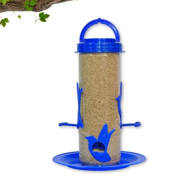 Image of Amijivdaya Medium Hanging Bird Feeder for Garden Balcony | 4 Feeding Ports | 700g Seed Capacity | Food-Grade Plastic | Easy Refill & Weatherproof (Blue, Pack of 1)