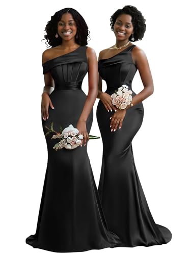 Mermaid One Shoulder Bridesmaid Dresses for Women Long Satin Corset Prom Dress Formal Gowns