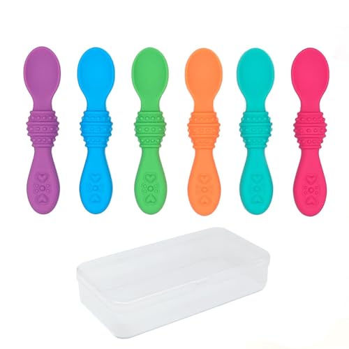 Image of Elk and Friends Silicone Baby Spoons | Travel Case Included | First Stage Infant Toddler Spoon | Baby Led Weaning Stage | Dishwasher Safe