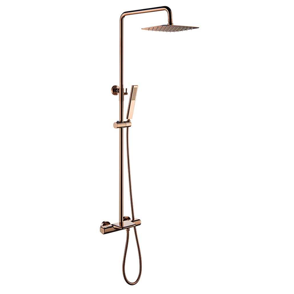 OZBMA Luxury Rose Gold Shower Set Thermostatic Wall Mounted Diverter Mixer with 10"x8" Rainfall Head & Handheld Brass Bathroom Taps Elegant System