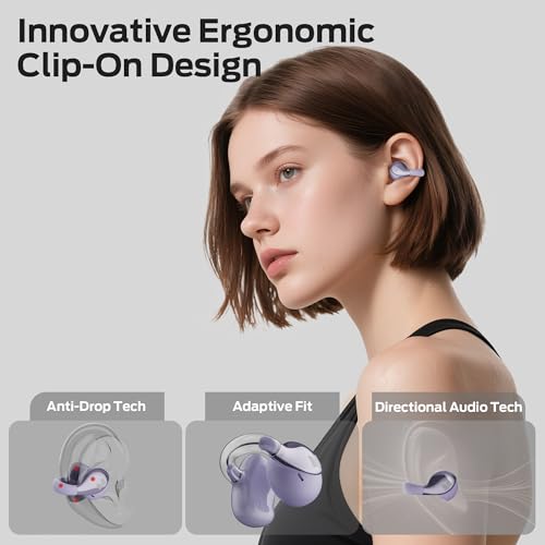 Image of Monster Open Ear AC225 Headphones, Bluetooth 6.0 Wireless Earbuds, Stereo Sound, Lightweight Comfort Clip-On Earbuds with ENC Mic for Clear Calls, 36H Playtime, Touch Control, IPX6 Waterproof, Purple