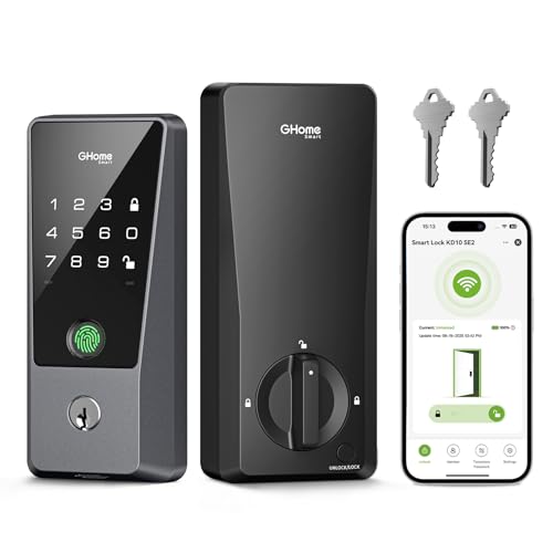 Ghome Wi-FI Smart Locks for Front Door Fingerprint Keyless Entry Door Lock Indoor Keypad Deadbolt for Home Hotel with 10000mAh Battery APP Remote Control Auto Lock Compatible Alexa & Hey Google