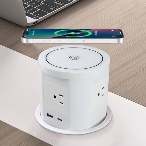 Image of Audiovan Vertical Pop Up socket Pneumatic Electrical Countertop 3* Power+ USB type A+C charger hdmi aND Lan Port RJ45, 18 watt Fast Wireless phone charge Conference Desk (White VMP-28)