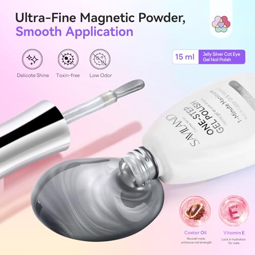 Image of SAVILAND Glassy Cat Eye One-Step Gel Polish Kit: 5-In-1 Jelly Silver Magnetic Gel Nail Polish with Fast Curing Mini U V Nail Lamp Magnet CatEye Nails Home Easy To Use Women Gift 15ML Travel