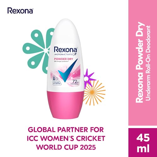 Image of Rexona Powder Dry Roll-On Motion Activated Deodorant for Women | 72-Hour Freshness | MotionSense Technology | Alcohol-Free & Gentle on Skin | 45 ML