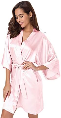 SIORO Women's Satin Robes Silk Kimono Bathrobe for Bride Bridesmaids Wedding Party Loungewear Short,Candy Pink Large