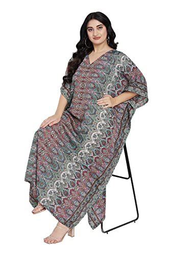 Image of Women Long Maxi Plus Size Polyester Kaftan Gown, Womens Kaftan Dresses | Lounge Resort Wear, Batwing Sleeve Side Slit, Beach Cover Up, House Dress, Lightweight V Neck Loose Fit Boho Dress