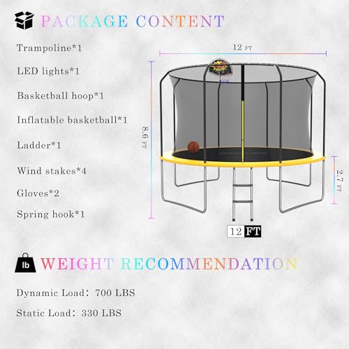 ACWARM HOME 12FT Trampoline with Basketball Hoop and LED Lights, Trampoline for Kids and Adults, Trampoline Outdoor with Net, ASTM Approved, Yellow
