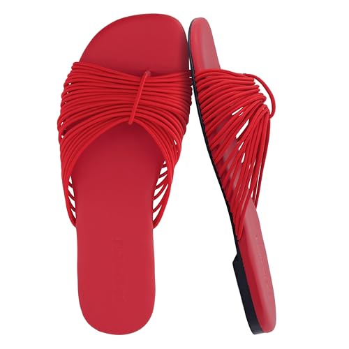 CUSHIONAIRE Lanky Strappy Sandals for Women Trendy Multi-Strap Square Toe Flat Slide Womens Sandals with Cushioned Footbed RED