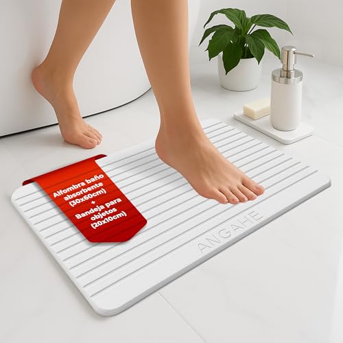 Alfombra de Baño Diatomita Antideslizante y Bandeja a Juego – Secado Rápido, Absorbente y Antibacteriana | Alfombrilla de Ducha Moderna, Minimalista Stone Mat para un Baño Impecable