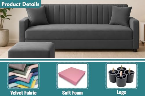 Image of 3 Seater Wooden Sofa Set with Ottoman for Living Room | Premium Velvet Fabric Wooden Frame | Modern Design | Comfortable Cushioned Sofafor Home, Office & Lounge | Grey