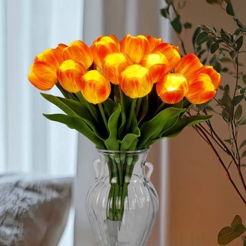 HOMESEASONS 20 Stems LED Lighted Artificial Flowers Tulip Lamp Real Touch Tulips Faux Flower Lights for Valentines Day and Easter Home Kitchen Wedding Dining Table Decor(Orange)