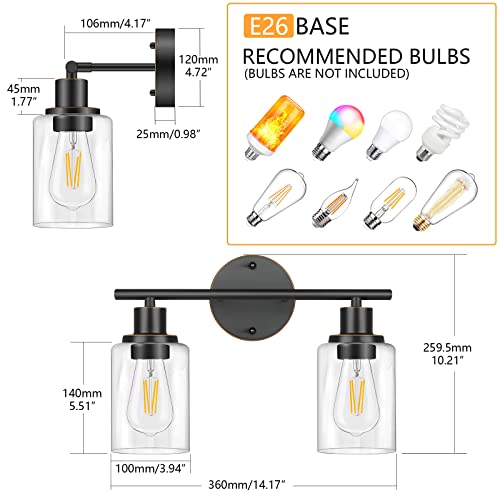 Image of Bathroom Light Fixtures, 2 Light Vanity Light, Wall Sconces Lighting | Modern Bath Wall Mounted Light with Glass Shade, Porch Wall Lamp for Mirror, Living Room, Bedroom, Hallway, Oil Rubbed Bronze
