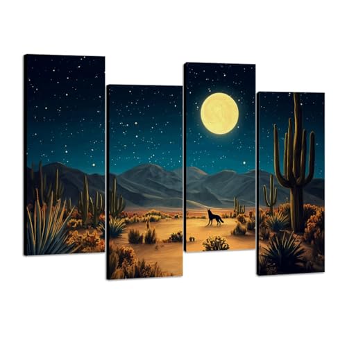 4 Pcs Canvas Wall Art Desert Landscape Cacti Full Moon Howling Coyote Under Starry Night Sky Photo Prints Realism Stretched and Framed Artworks Modern Wall Decor for Living Room Bedroom Office
