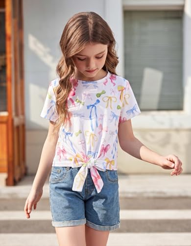 Image of Arshiner Girls Short Sleeve Shirts Tie Knot Front Tops T Shirts for Kids Crewneck Cute Casual Tie Dye Tee Blouse
