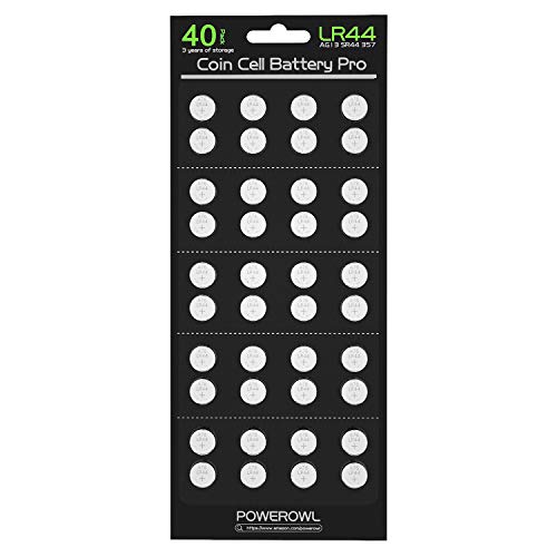 POWEROWL - Paquete de 40 Pilas LR44 AG13 Alcalinas de Botón - Pilas A76/ 357/303 /SR44 1,5 V Batería Alcalina de Primera Calidad, Baterías de Botón