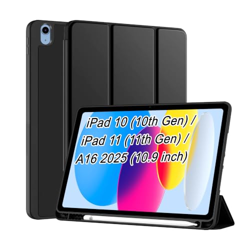 Image of CEDO Smart Case for iPad 10 (10th Gen) / iPad 11 (11th Gen) A16 2025 10.9 in Tri-Fold Flip Folio Cover | Pencil Holder | Auto Wake-Up /Sleep Mode | Multi View Angles Stand TPU Backcover (Black)