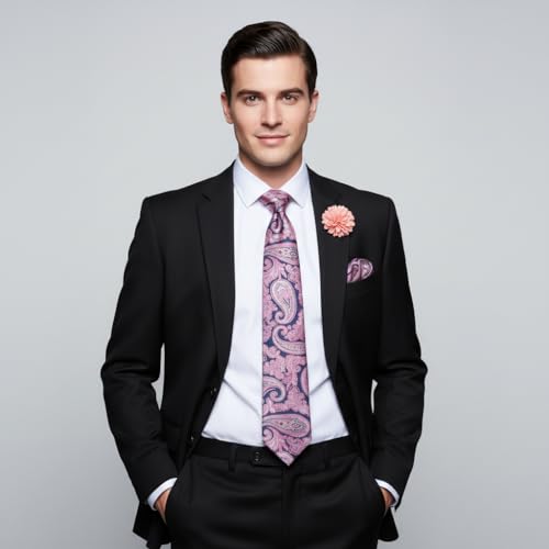 Image of 5PCS Mens Silk Designer Tie, Pocket Square, Cufflinks, Drilled Tie Ring and Lapel Pin Set for Wedding Groom Party