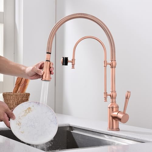 Image of Copper Kitchen Faucet, Single Handle, 360 Swivel High Arc Kitchen Sink Faucet, Red Copper Kitchen Faucet Pull Down Solid Brass Handle