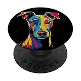 Un divertente cane whippet pop art cane viso composto da blu, verde, rosso e giallo su uno sfondo nero. Per qualsiasi mamma whippet, papà whippet o amante dei whippet: per donne, uomini, ragazze e ragazzi.