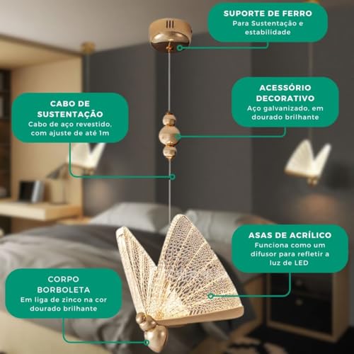 Luminária Pendente Borboleta Cristal 17cm Dourada Grande para Sala de Estar Quarto Cozinha Banheiro