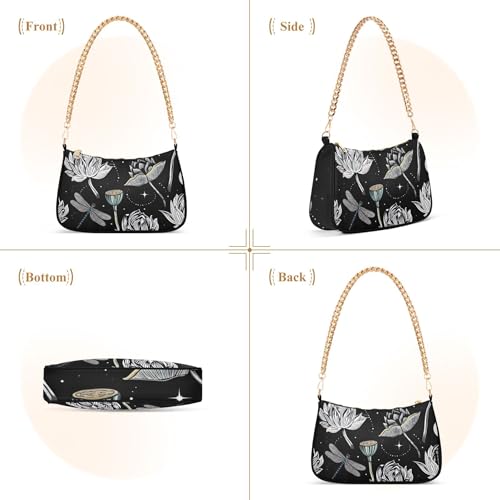 Zipper Classic Purse Hobo Totes White Lotus Floral Dragonflies Designer Handbag Women One Shoulder Purses with Chain Strap 6