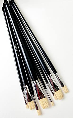 Image of Stationerie Artist Quality Natural Hog Flat Hair Paint Brush Set, 8 Piece Set for Oil & Acrylic Painting Long Handle(Wood)