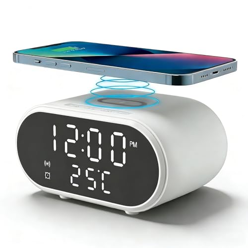 2-in-1 Wireless Charging Alarm Clock Smart Digital Alarm Clocks Bedside 15W Fast Wireless Charger Electric Alarm Clock Charging Station with LED Display USB-C Power Cable for Bedroom Office & Dorm