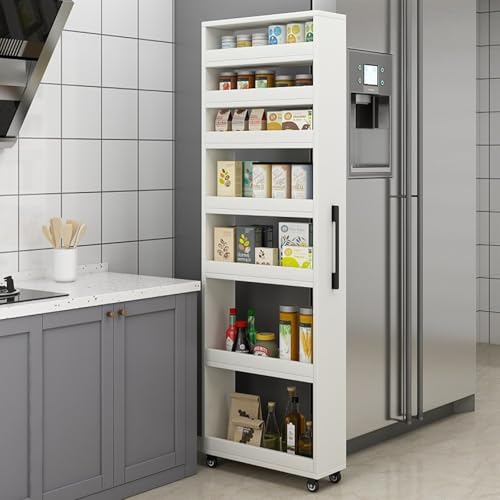 Estante para especias con ruedas, carrito delgado de 7 niveles, almacenamiento de cocina de doble cara, estante de almacenamiento estrecho móvil para espacios pequeños, 5.9 pulgadas de profundidad