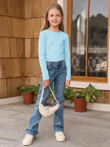 Image of Haloumoning Girls Long Sleeve Shirts Crewneck Ruched Side Slim Fit Tops Ribbed Knit Casual Tee Shirt 4-15 Years