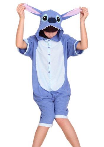 Hooded Sleepwear Cosplay Blue Stitch Costume Summer Short Sleeve Adult Animal Onesie Pajamas Women Home Suits (M(For Height 160-169cm))