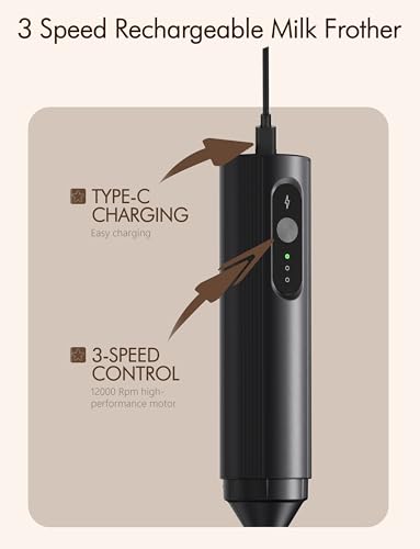 Image of Rechargeable Milk Frother Hanheld, 3 Speed Frother Wand Drink Mixer Handheld Coffee Stirrers Electric Frother for Coffee Mixer Wand -Black